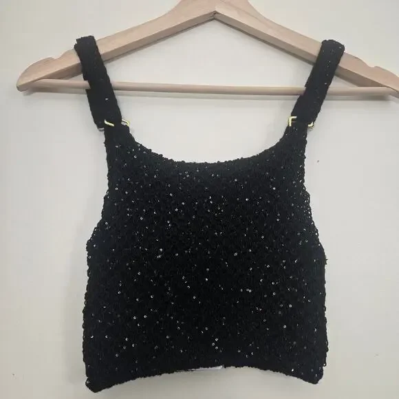 Asta Resort Grace Sequined Crochet Crop Tank Top XS Black NEW NWT - Picture 11 of 13